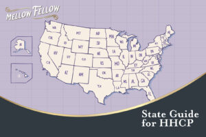 The Mellow Fellow logo and a map of the continental united states and Hawaii & Alaska for our HHCp state guide.